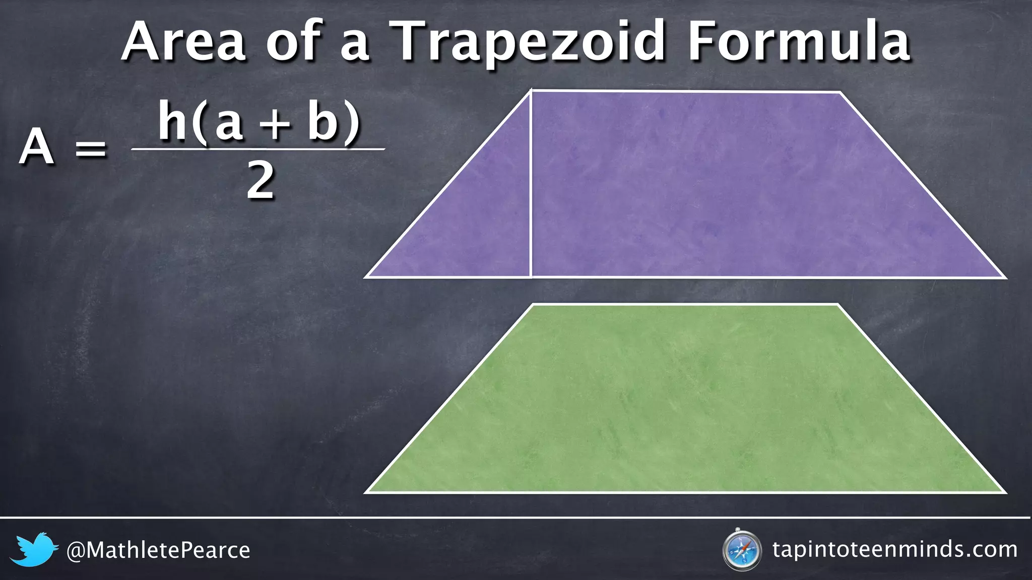 A = 
Area of a Trapezoid Formula 
h ( a + b 
) 
2 
@MathletePearce tapintoteenminds.com 
 