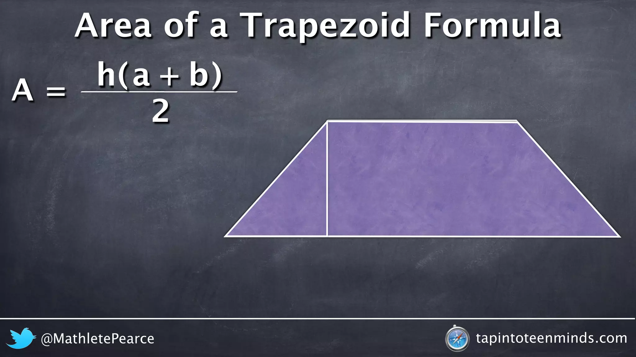 A = 
Area of a Trapezoid Formula 
h ( a + b 
) 
2 
@MathletePearce tapintoteenminds.com 
 