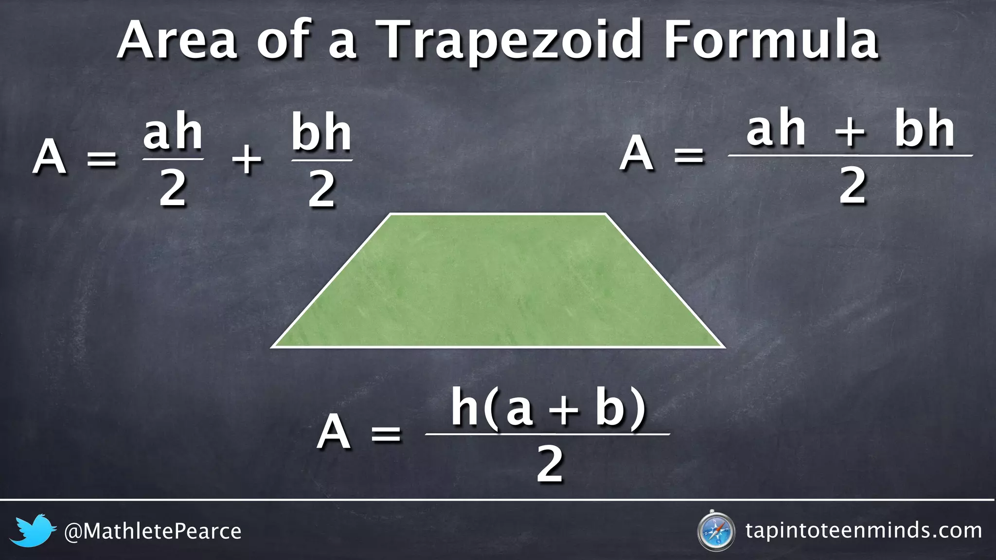 Area of a Trapezoid Formula 
ah + bh 
ah + b h 
A = 2 
A = 2 
A = 
h a b 
( + ) 
2 
2 
@MathletePearce tapintoteenminds.com 
 