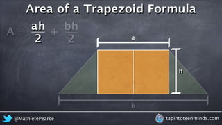 Area of a Trapezoid Formula 
A = 
h 
b 
2 
h 
a 
2 
h 
a 
b 
+ 
@MathletePearce tapintoteenminds.com 
 