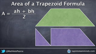 A = 
Area of a Trapezoid Formula 
ah + 
bh 
2 
@MathletePearce tapintoteenminds.com 
 
