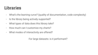 Libraries
- What’s the learning curve? (quality of documentation, code complexity)
- Is the library being actively supported?
- What types of data does this library take?
- How much can I customize my charts?
- What modes of interactivity are offered?
For large datasets: is it performant?
 