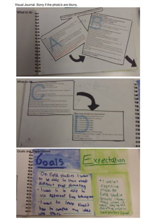 Visual Journal. Sorry if the photo’s are blurry.

 What to do




 What to do




 Goals and Expectations
 