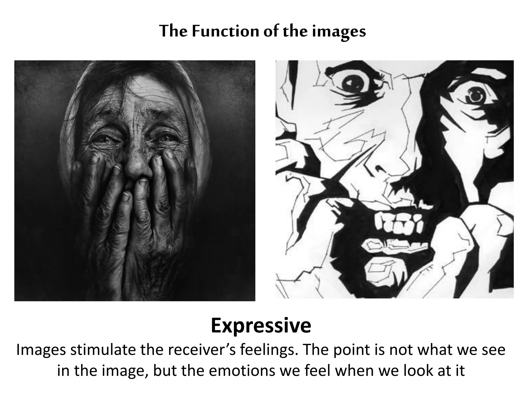 The Function of the images 
Expressive 
Images stimulate the receiver’s feelings. The point is not what we see 
in the image, but the emotions we feel when we look at it 
 