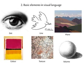 2. Basic elements in visual language 
Dot Line 
Plane 
Colour Texture Volume 
 