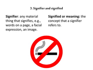 3. Signifier and signified 
Signifier: any material 
thing that signifies, e.g., 
words on a page, a facial 
expression, an image. 
Signified or meaning: the 
concept that a signifier 
refers to. 
 