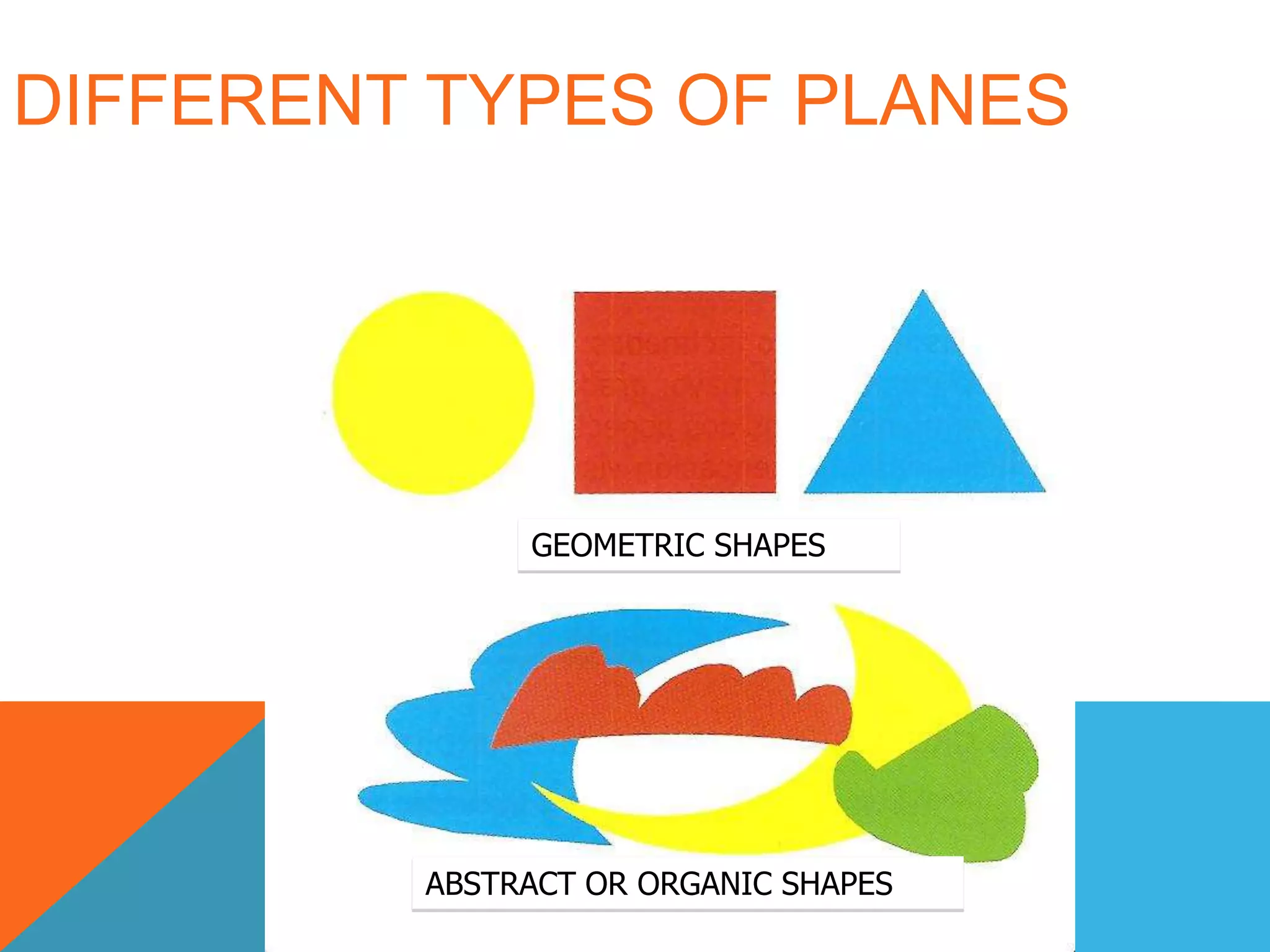 DIFFERENT TYPES OF PLANES
GEOMETRIC SHAPES
ABSTRACT OR ORGANIC SHAPES
 
