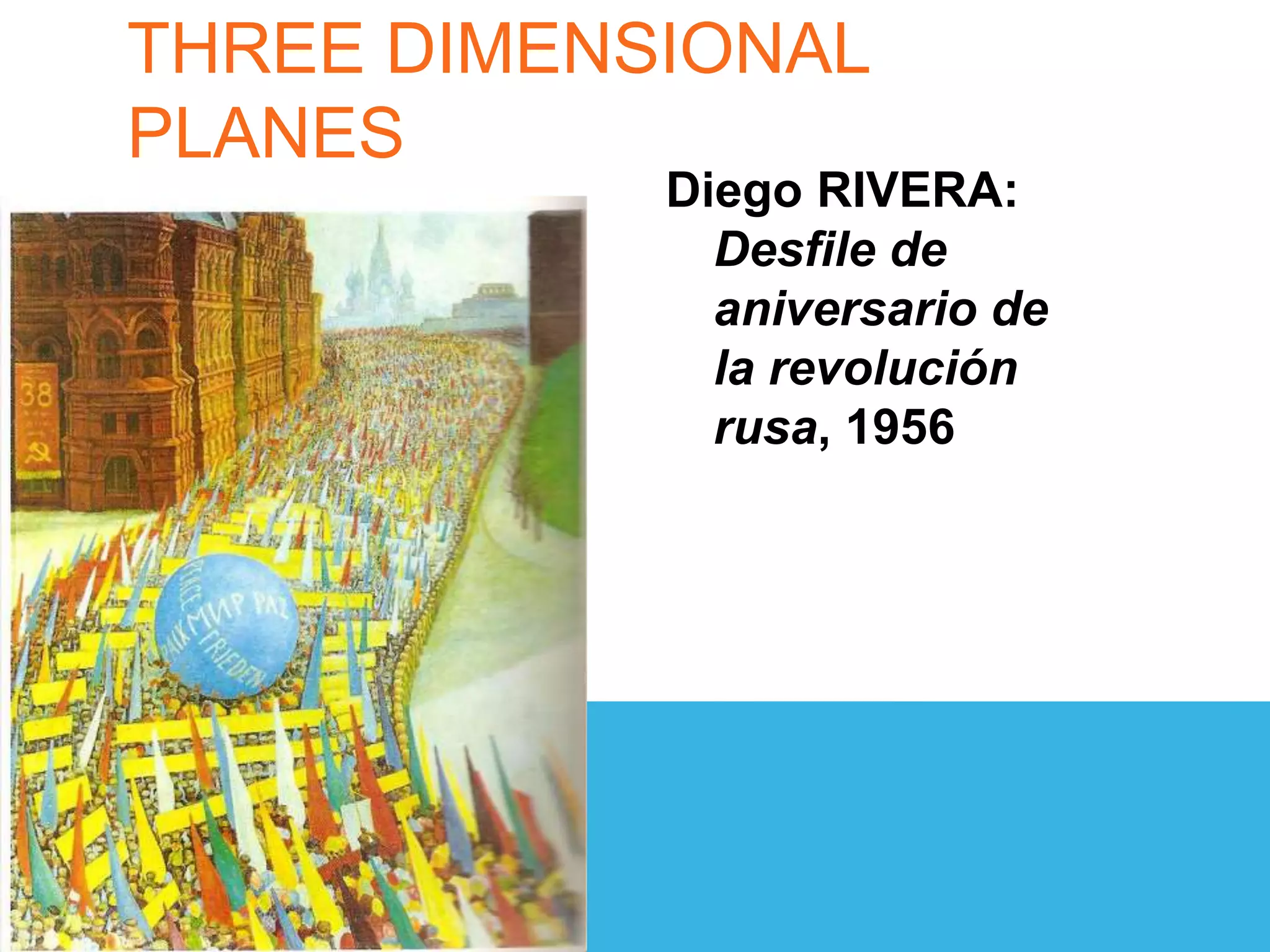THREE DIMENSIONAL
PLANES
Diego RIVERA:
Desfile de
aniversario de
la revolución
rusa, 1956
 