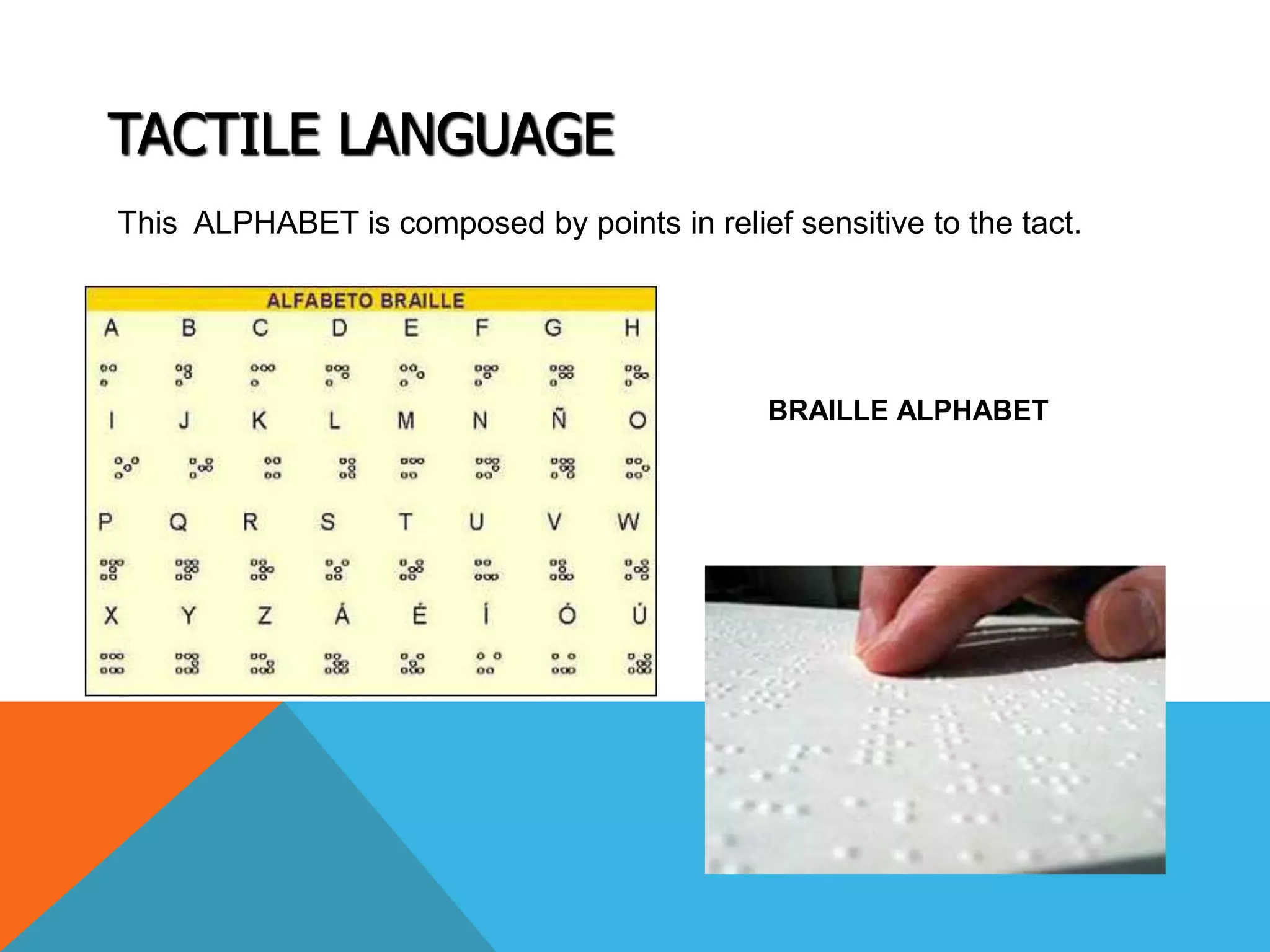 TACTILE LANGUAGE
This ALPHABET is composed by points in relief sensitive to the tact.
BRAILLE ALPHABET
 