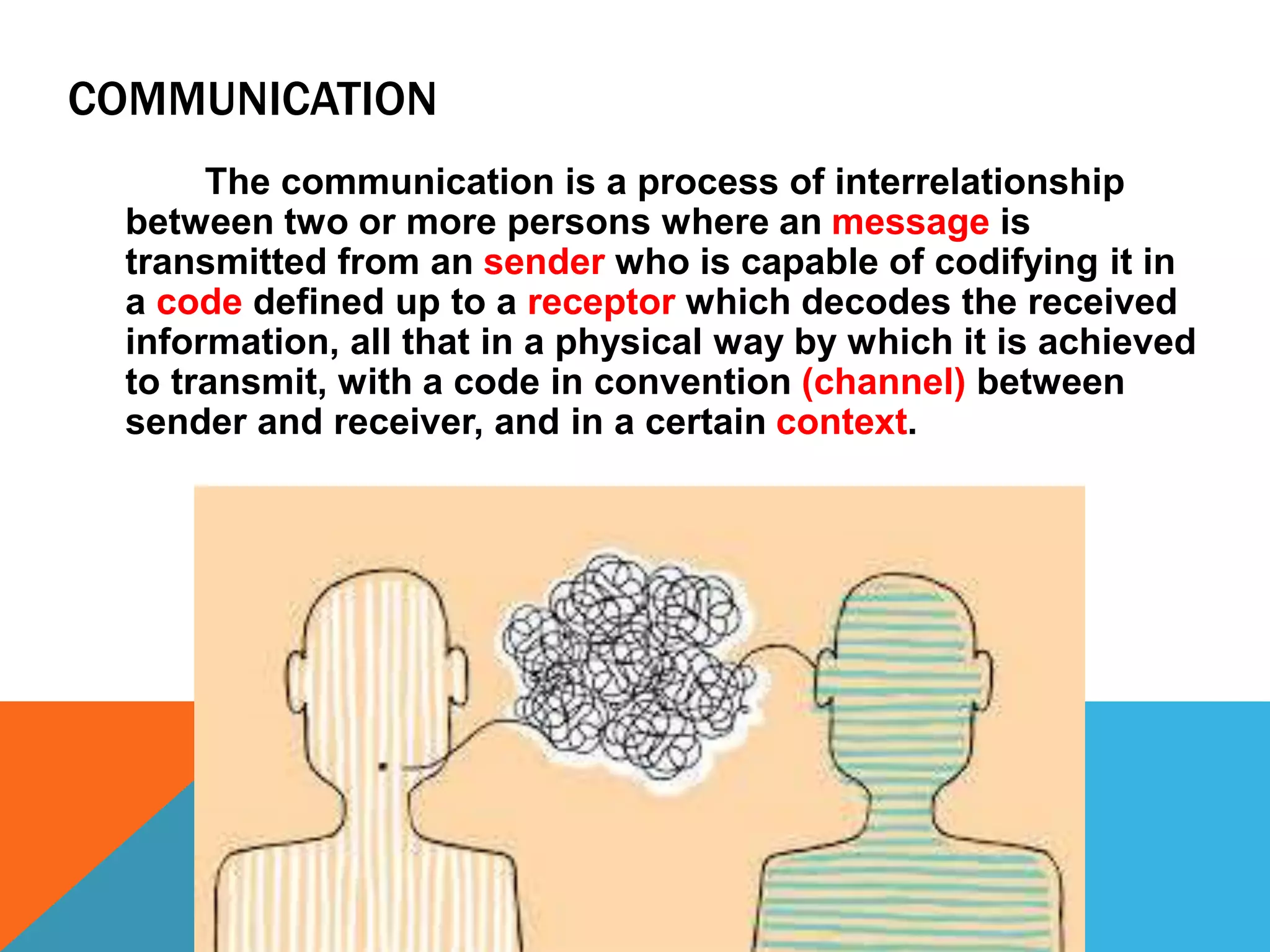 COMMUNICATION
The communication is a process of interrelationship
between two or more persons where an message is
transmitted from an sender who is capable of codifying it in
a code defined up to a receptor which decodes the received
information, all that in a physical way by which it is achieved
to transmit, with a code in convention (channel) between
sender and receiver, and in a certain context.
 