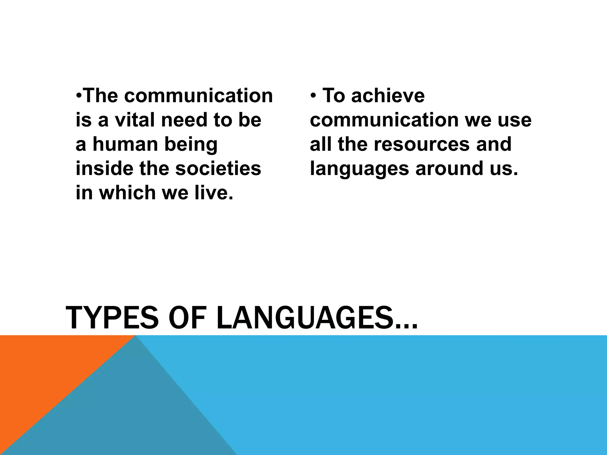 TYPES OF LANGUAGES…
•The communication
is a vital need to be
a human being
inside the societies
in which we live.
• To achieve
communication we use
all the resources and
languages around us.
 