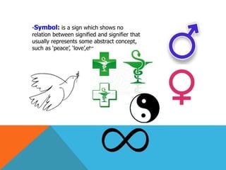 -Symbol: is a sign which shows no
relation between signified and signifier that
usually represents some abstract concept,
such as ‘peace’, ‘love’,etc…
 