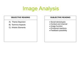Image Analysis
OBJECTIVE READING
A) Theme Depiction
B) Technics Aspects
C) Artisitic Elements
SUBJECTIVE READING
 Social stereotupes
 Context and channel
 Image function
 Emotional reactions
 Feedback possibility
 