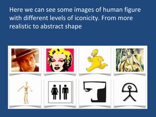 Here we can see some images of human figure
with different levels of iconicity. From more
realistic to abstract shape
 