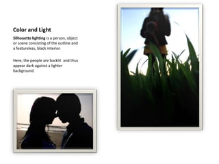 Color and Light A complementary color scheme  is composed of colors that are opposite each other on the color wheel, such as blue and orange, (shown here) red and green, purple and yellow. Complementary color schemes have a more energetic feel—because they are opposite each other on the color wheel, certain colors used in combination will make the ad “pop.” The high contrast between the colors creates a vibrant look, especially when used at full saturation, as in this photo. Key Points:High contrast & energetic feel