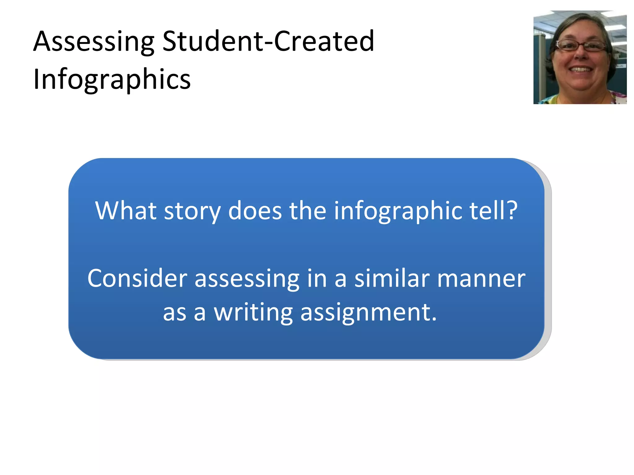 Assessing Student-Created Infographics What story does the infographic tell? Consider assessing in a similar manner as a writing assignment.  
