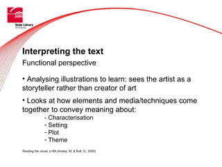 Interpreting the text
Functional perspective

• Analysing illustrations to learn: sees the artist as a
storyteller rather ...