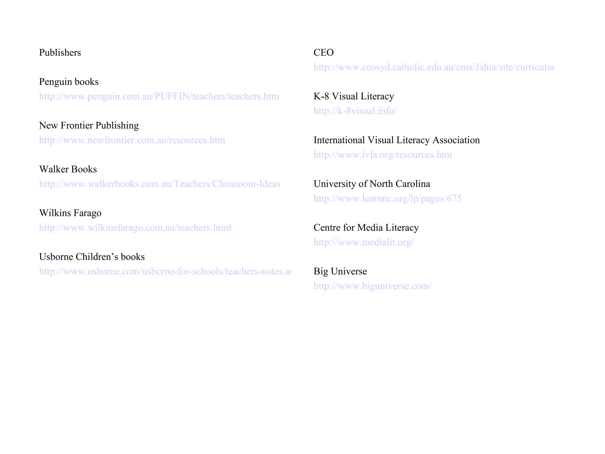 Publishers Penguin books http://www.penguin.com.au/PUFFIN/teachers/teachers.htm New Frontier Publishing http://www.newfrontier.com.au/resources.htm Walker Books  http://www.walkerbooks.com.au/Teachers/Classroom-Ideas Wilkins Farago http://www.wilkinsfarago.com.au/teachers.html Usborne Children’s books http://www.usborne.com/usborne-for-schools/teachers-notes.aspx CEO http://www.ceosyd.catholic.edu.au/cms/Jahia/site/curriculumonline/pid/579 K-8 Visual Literacy http://k-8visual.info/ International Visual Literacy Association http://www.ivla.org/resources.htm University of North Carolina http://www.learnnc.org/lp/pages/675 Centre for Media Literacy http://www.medialit.org/ Big Universe http://www.biguniverse.com/ 