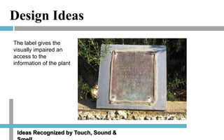 Design Ideas
The label gives the
visually impaired an
access to the
information of the plant

Ideas Recognized by Touch, Sound &

 