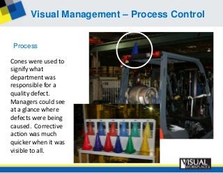 Visual Management – Process Control


 Process

Cones were used to
signify what
department was
responsible for a
quality defect.
Managers could see
at a glance where
defects were being
caused. Corrective
action was much
quicker when it was
visible to all.
 
