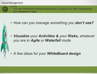 Visual Management
The Goal:
• The best Whiteboard standard structures to support your Risk management
• from Waterfall to Agile
• How can you manage something you don’t see?
• Visualize your Activities & your Risks, whatever
you are in Agile or Waterfall mode
• A few ideas for your WhiteBoard design
 