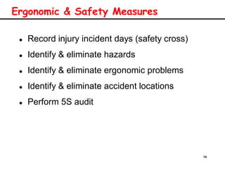 14
Ergonomic & Safety Measures
 Record injury incident days (safety cross)
 Identify & eliminate hazards
 Identify & eliminate ergonomic problems
 Identify & eliminate accident locations
 Perform 5S audit
 