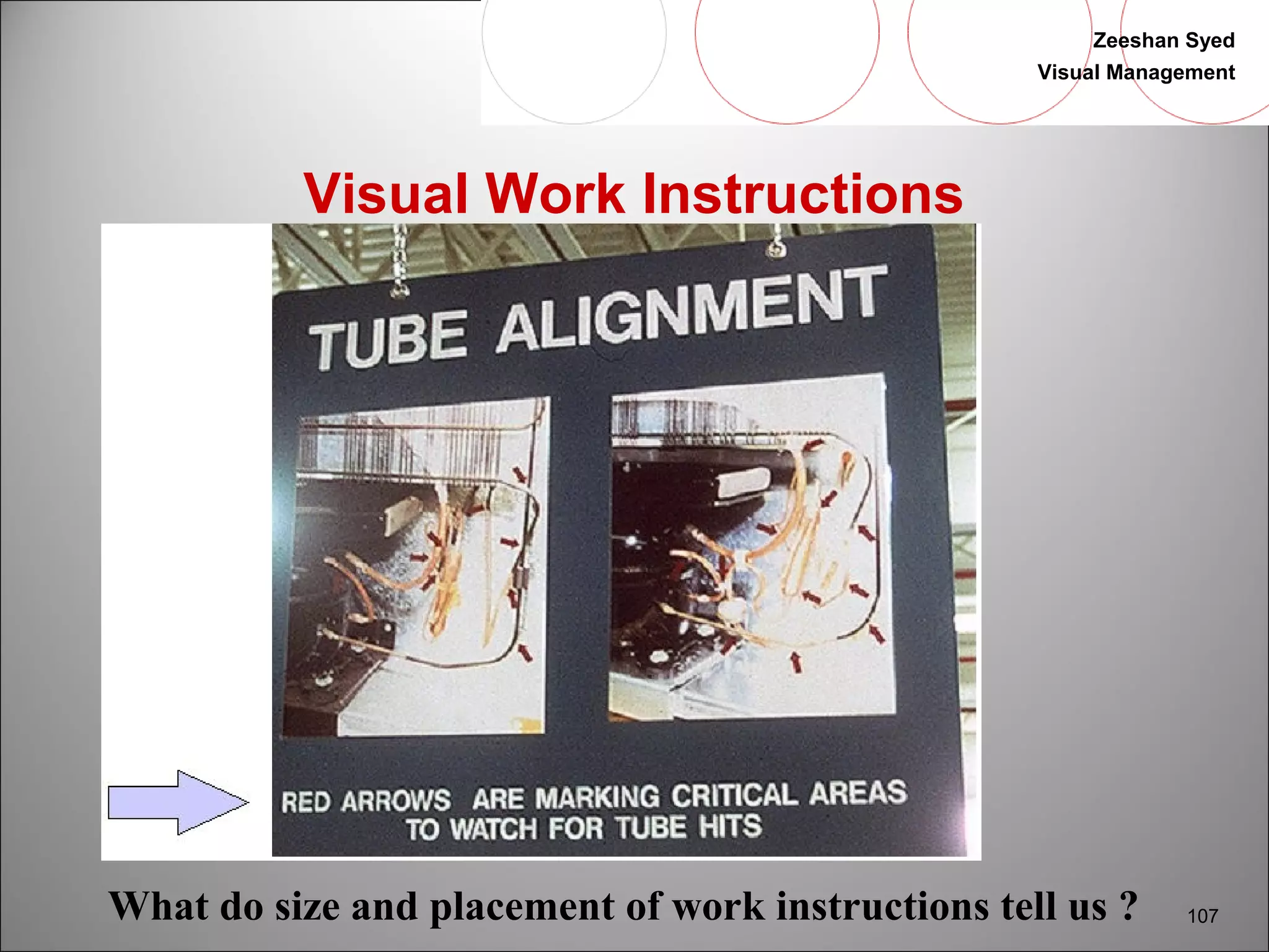 Zeeshan Syed 
Visual Management 
107 
Visual Work Instructions 
What do size and placement of work instructions tell us ? 
 