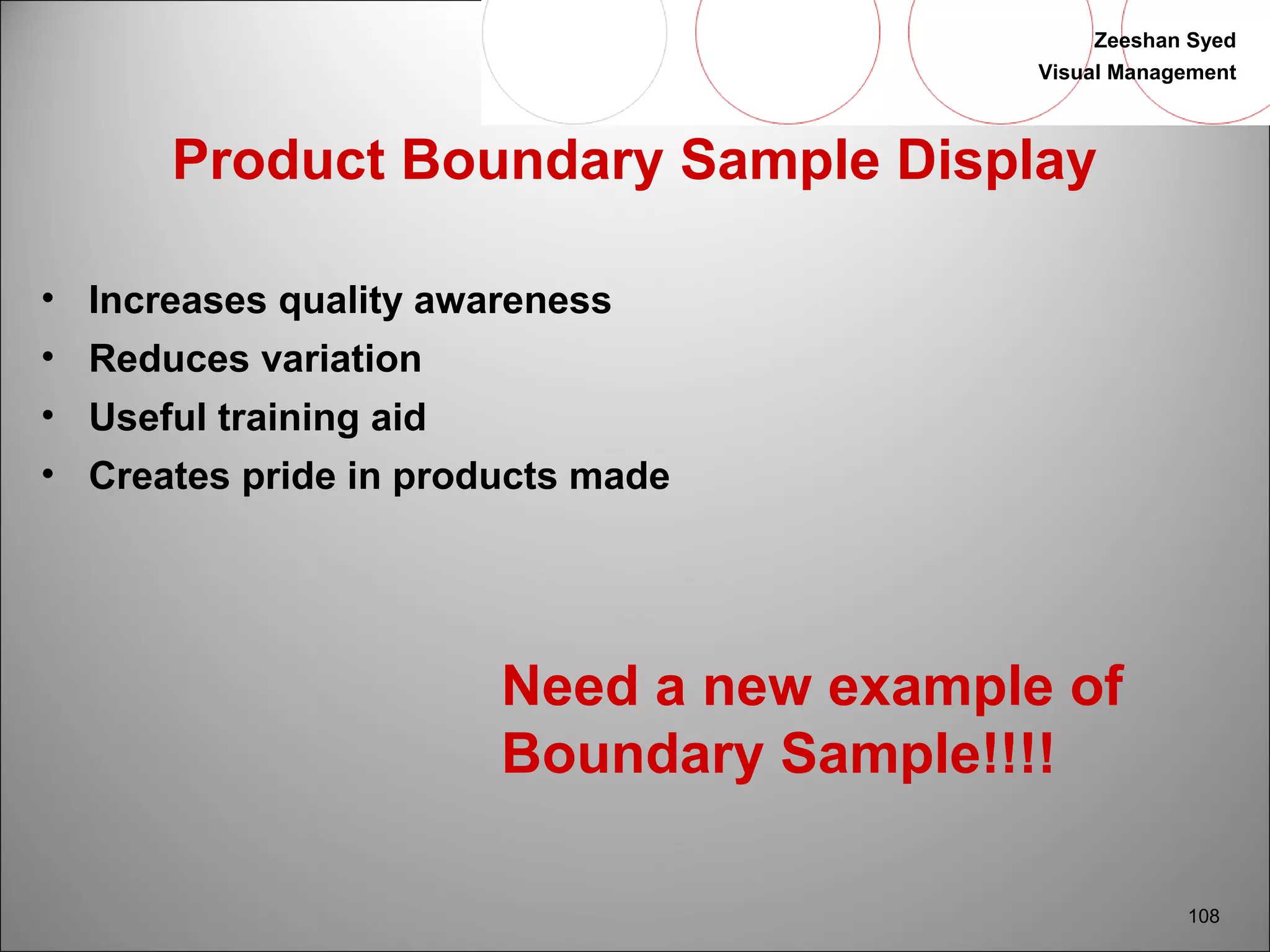 Zeeshan Syed 
Visual Management 
108 
Product Boundary Sample Display 
• Increases quality awareness 
• Reduces variation 
• Useful training aid 
• Creates pride in products made 
Need a new example of 
Boundary Sample!!!! 
 
