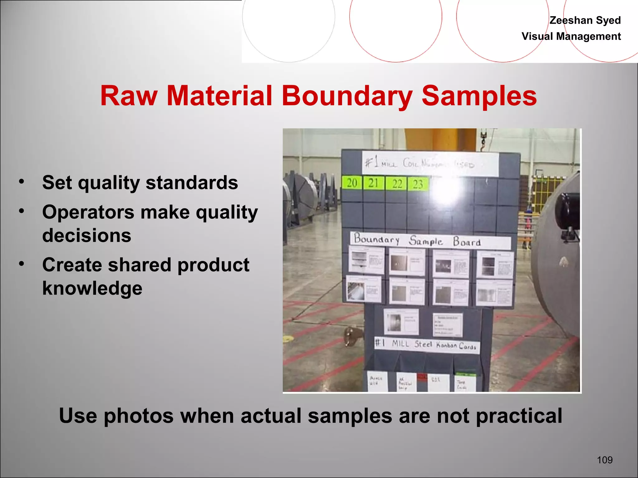 Zeeshan Syed 
Visual Management 
109 
Raw Material Boundary Samples 
• Set quality standards 
• Operators make quality 
decisions 
• Create shared product 
knowledge 
Use photos when actual samples are not practical 
 