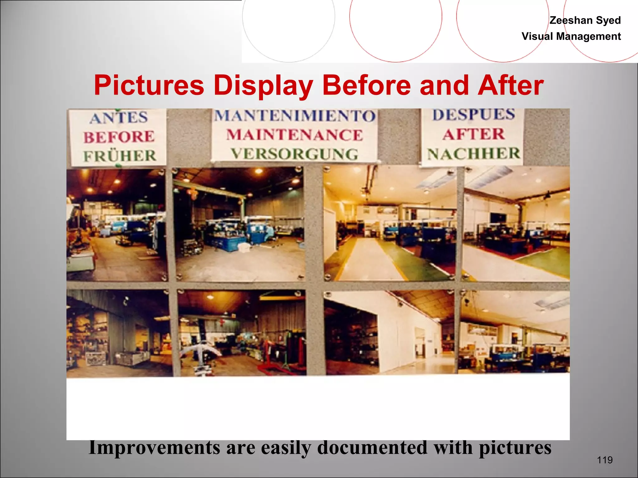 Zeeshan Syed 
Visual Management 
119 
Pictures Display Before and After 
Improvements are easily documented with pictures 
 