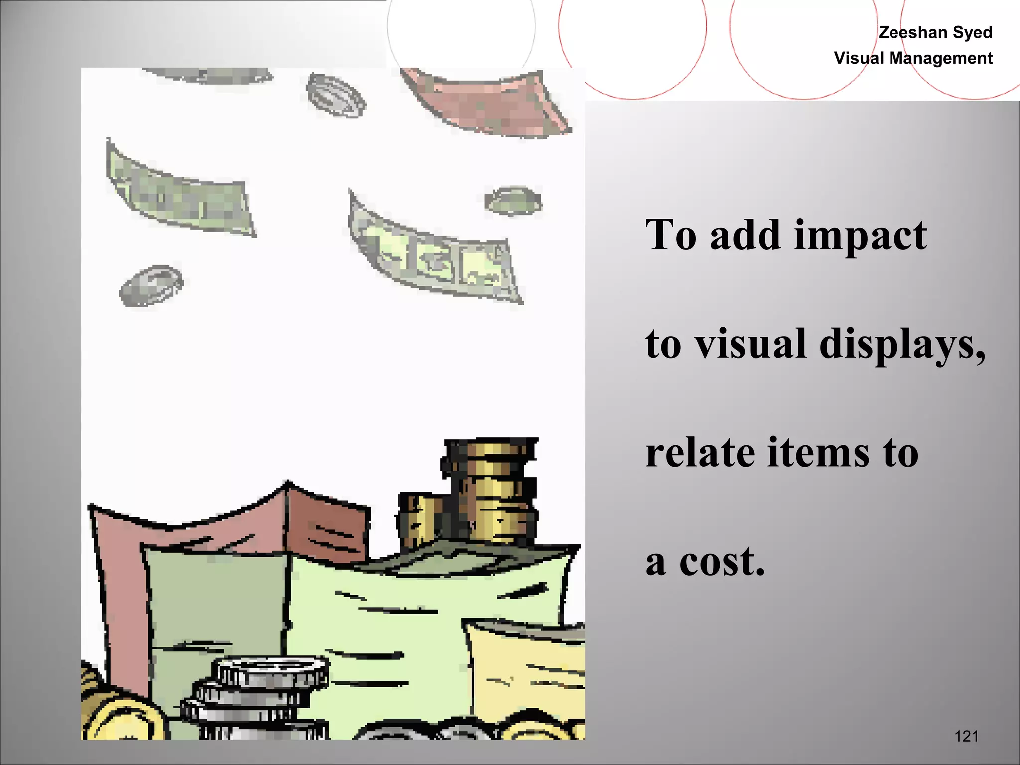 Zeeshan Syed 
Visual Management 
To add impact 
to visual displays, 
relate items to 
a cost. 
121 
 