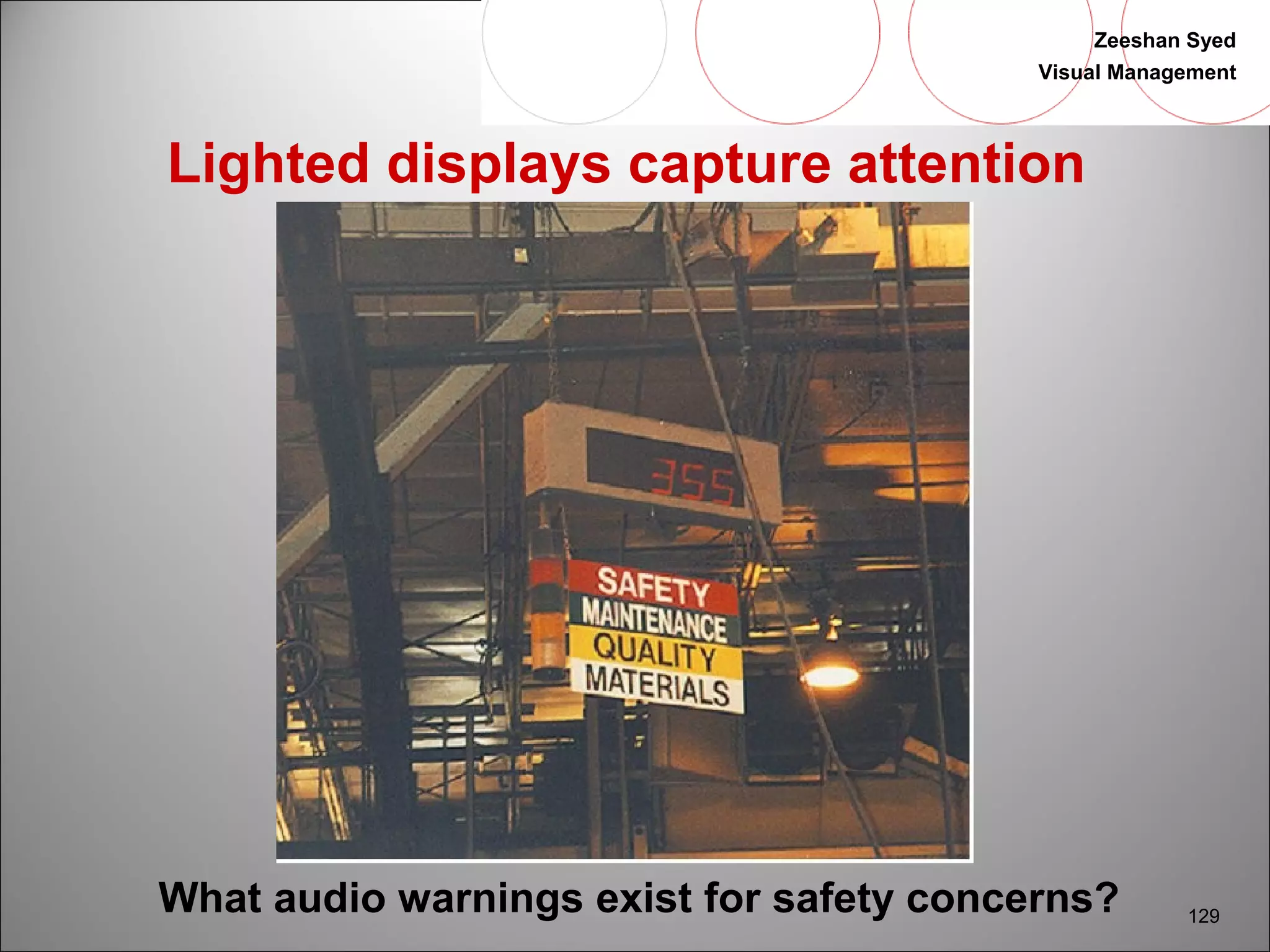 Zeeshan Syed 
Visual Management 
129 
Lighted displays capture attention 
What audio warnings exist for safety concerns? 
 