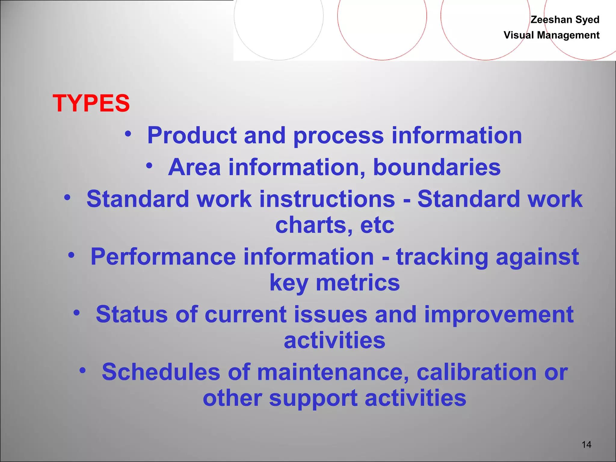 Zeeshan Syed 
Visual Management 
14 
TYPES 
• Product and process information 
• Area information, boundaries 
• Standard work instructions - Standard work 
charts, etc 
• Performance information - tracking against 
key metrics 
• Status of current issues and improvement 
activities 
• Schedules of maintenance, calibration or 
other support activities 
 