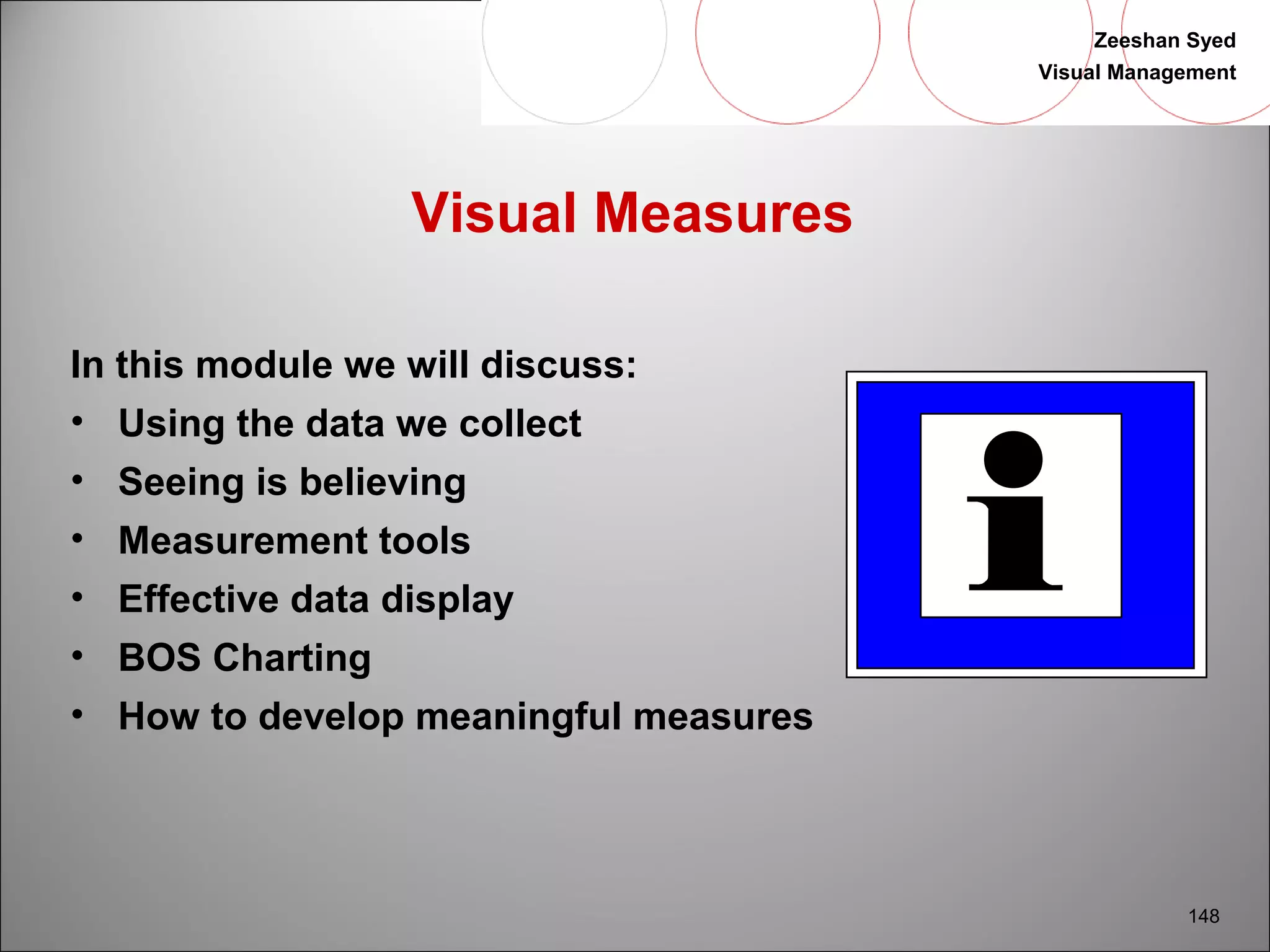 Zeeshan Syed 
Visual Management 
148 
Visual Measures 
In this module we will discuss: 
• Using the data we collect 
• Seeing is believing 
• Measurement tools 
• Effective data display 
• BOS Charting 
• How to develop meaningful measures 
 