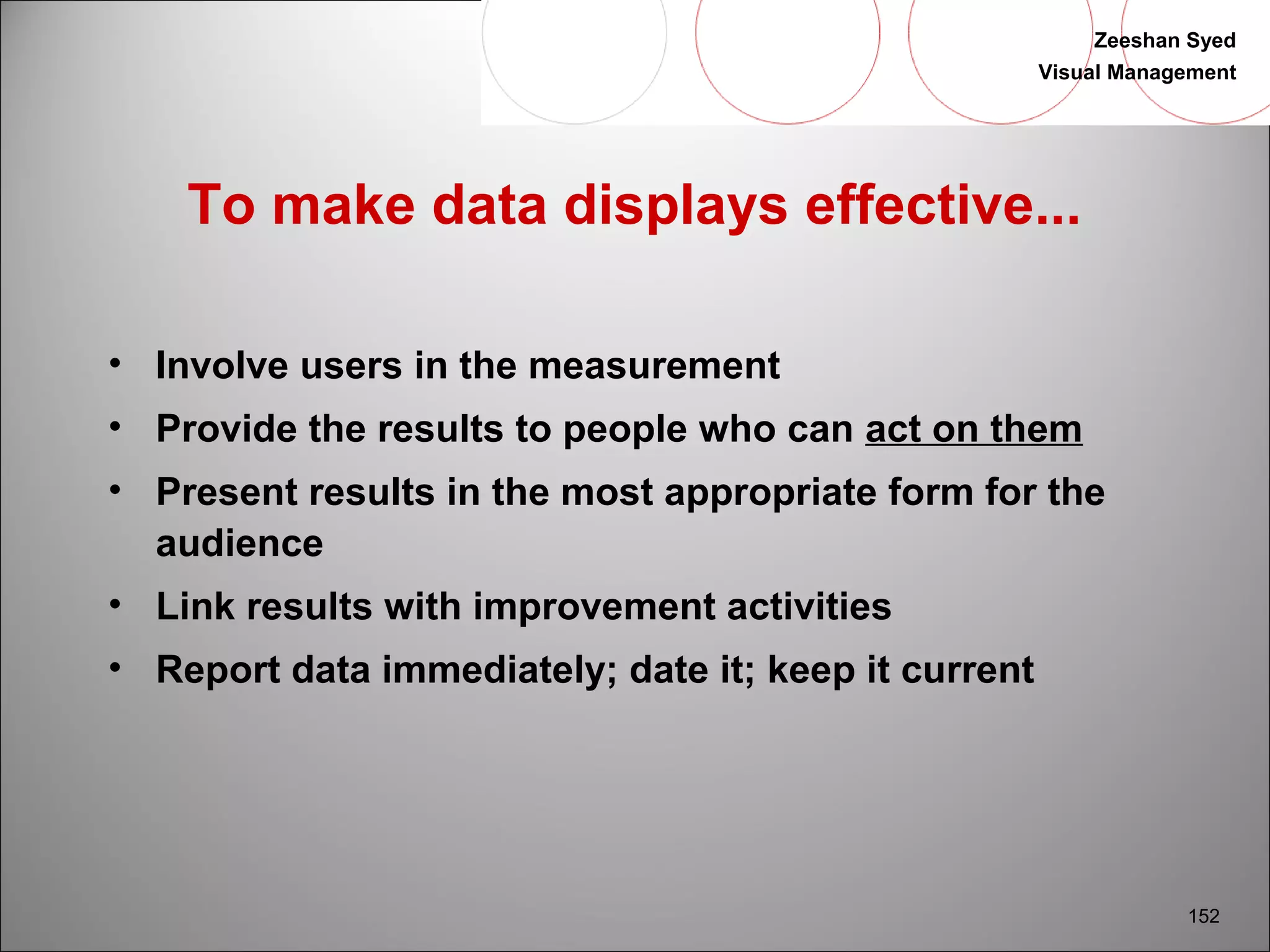 Zeeshan Syed 
Visual Management 
152 
To make data displays effective... 
• Involve users in the measurement 
• Provide the results to people who can act on them 
• Present results in the most appropriate form for the 
audience 
• Link results with improvement activities 
• Report data immediately; date it; keep it current 
 