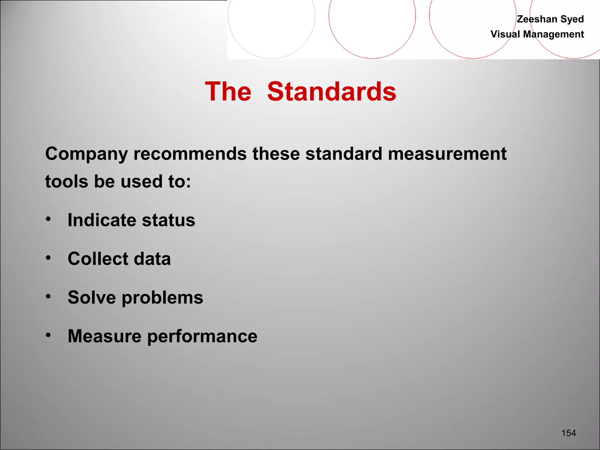 Zeeshan Syed 
Visual Management 
154 
The Standards 
Company recommends these standard measurement 
tools be used to: 
• Indicate status 
• Collect data 
• Solve problems 
• Measure performance 
 
