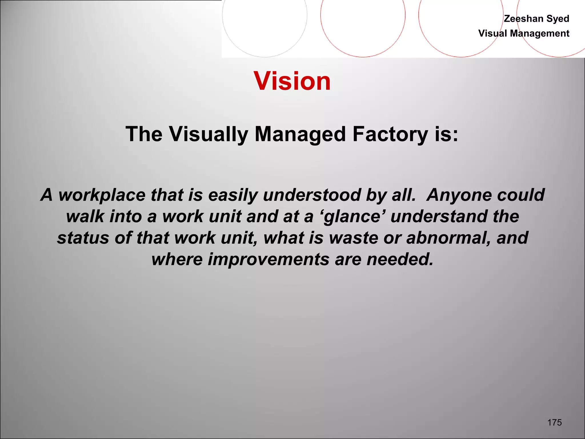 Zeeshan Syed 
Visual Management 
175 
Vision 
The Visually Managed Factory is: 
A workplace that is easily understood by all. Anyone could 
walk into a work unit and at a ‘glance’ understand the 
status of that work unit, what is waste or abnormal, and 
where improvements are needed. 
 