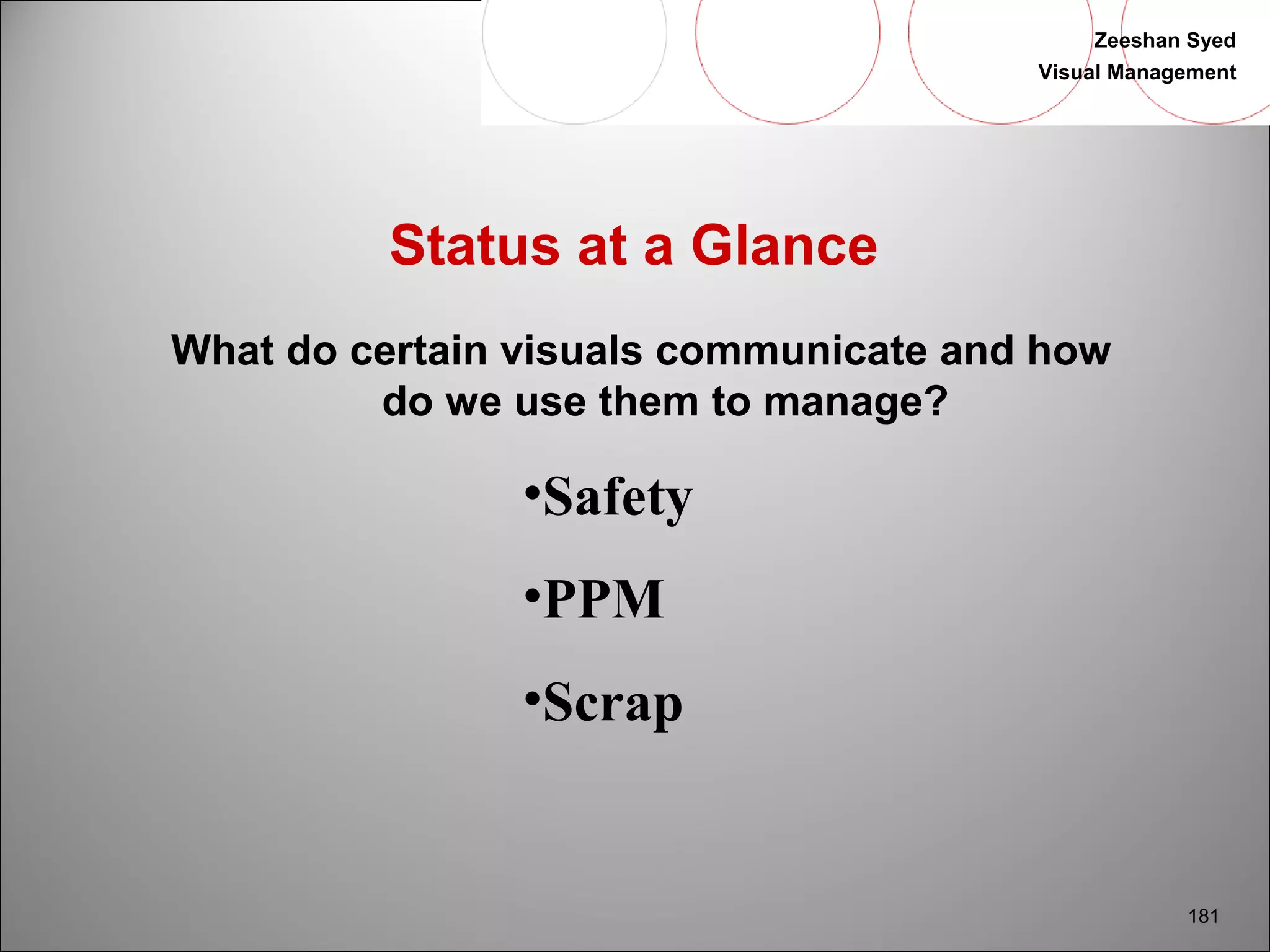 Zeeshan Syed 
Visual Management 
181 
Status at a Glance 
What do certain visuals communicate and how 
do we use them to manage? 
•Safety 
•PPM 
•Scrap 
 