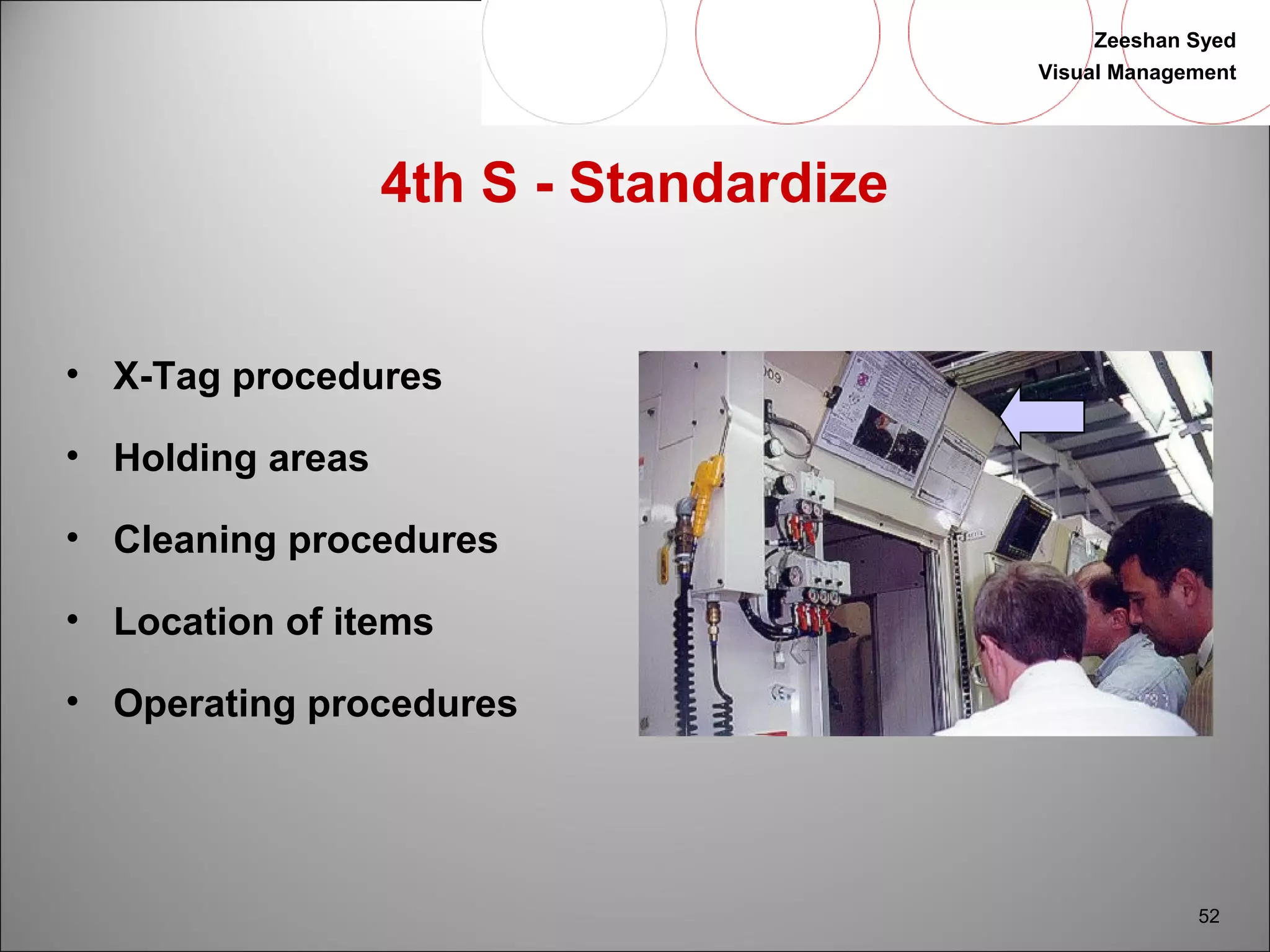 Zeeshan Syed 
Visual Management 
52 
4th S - Standardize 
• X-Tag procedures 
• Holding areas 
• Cleaning procedures 
• Location of items 
• Operating procedures 
 