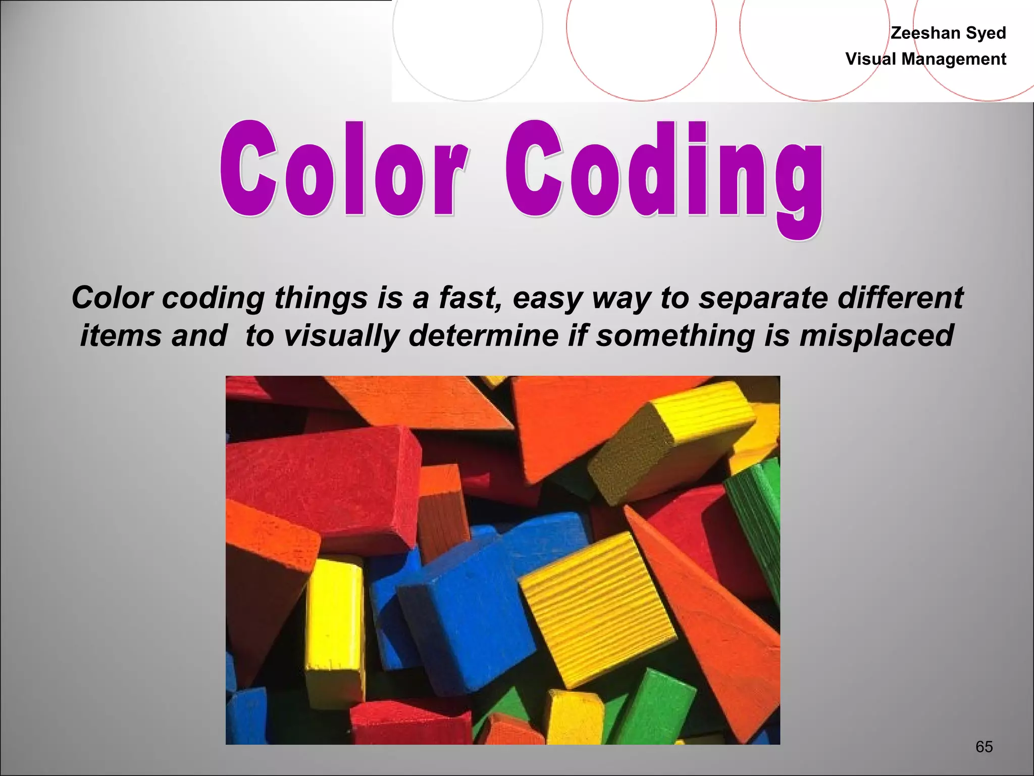Zeeshan Syed 
Visual Management 
65 
Color coding things is a fast, easy way to separate different 
items and to visually determine if something is misplaced 
 