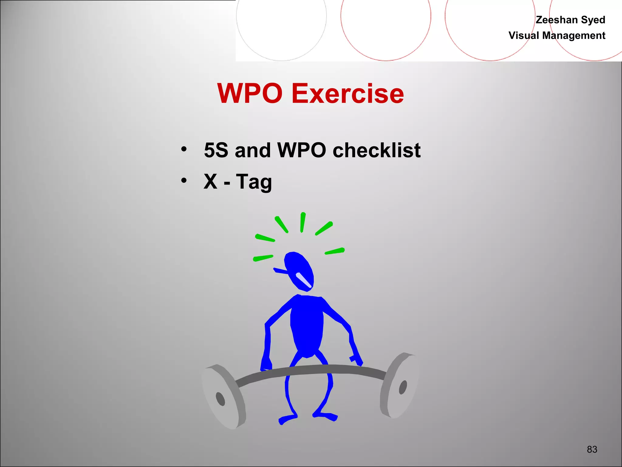 Zeeshan Syed 
Visual Management 
83 
WPO Exercise 
• 5S and WPO checklist 
• X - Tag 
 