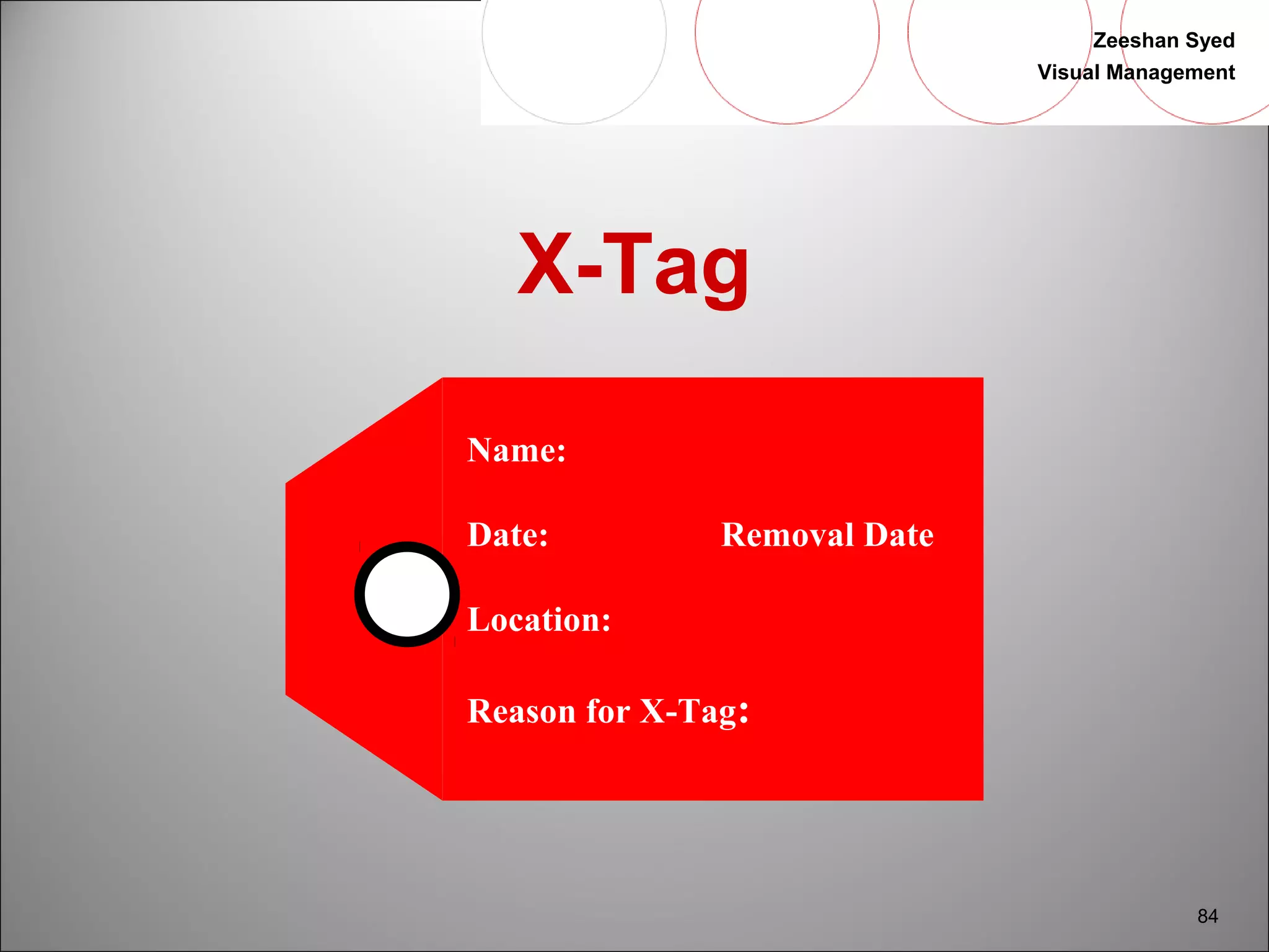 Zeeshan Syed 
Visual Management 
84 
X-Tag 
Name: 
Date: Removal Date 
Location: 
Reason for X-Tag: 
 