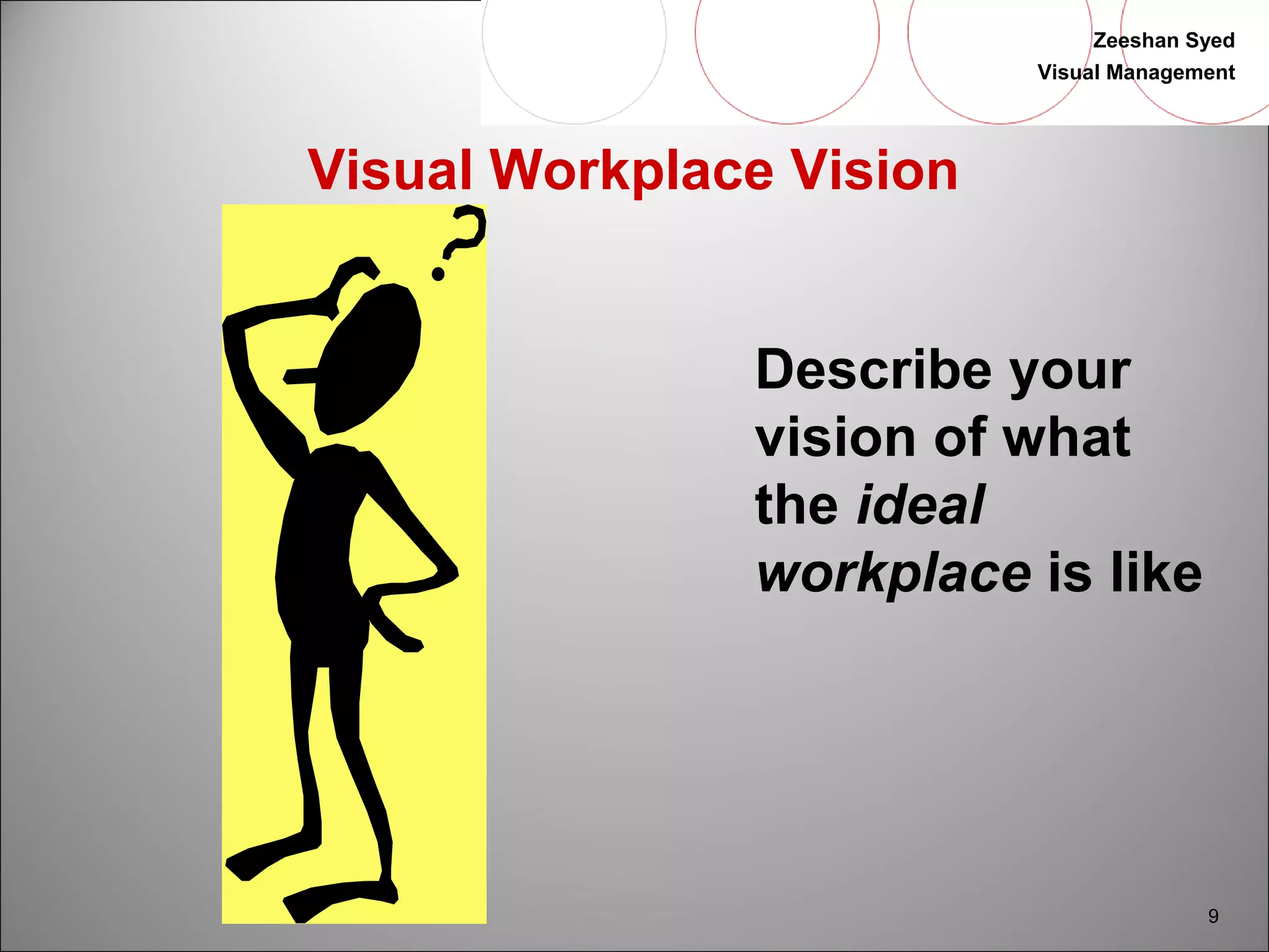 Zeeshan Syed 
Visual Management 
9 
Visual Workplace Vision 
Describe your 
vision of what 
the ideal 
workplace is like 
 