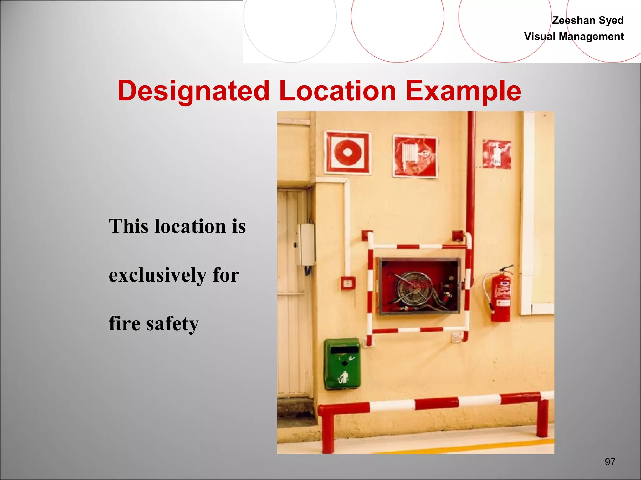 Zeeshan Syed 
Visual Management 
97 
Designated Location Example 
This location is 
exclusively for 
fire safety 
 