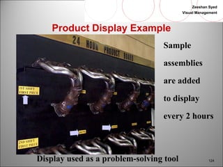 Zeeshan Syed 
Visual Management 
Sample 
assemblies 
are added 
to display 
every 2 hours 
124 
Product Display Example 
Display used as a problem-solving tool 
 