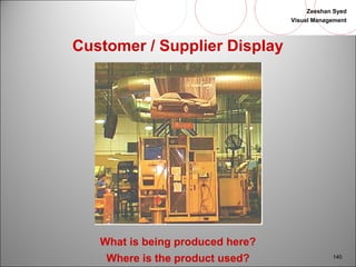 Zeeshan Syed 
Visual Management 
140 
Customer / Supplier Display 
What is being produced here? 
Where is the product used? 
 