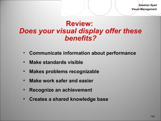 Zeeshan Syed 
Visual Management 
143 
Review: 
Does your visual display offer these 
benefits? 
• Communicate information about performance 
• Make standards visible 
• Makes problems recognizable 
• Make work safer and easier 
• Recognize an achievement 
• Creates a shared knowledge base 
 