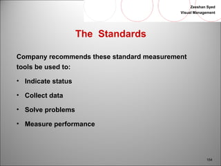 Zeeshan Syed 
Visual Management 
154 
The Standards 
Company recommends these standard measurement 
tools be used to: 
• Indicate status 
• Collect data 
• Solve problems 
• Measure performance 
 