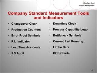 Zeeshan Syed 
Visual Management 
155 
Company Standard Measurement Tools 
and Indicators 
• Changeover Clock 
• Production Counters 
• Error Proof Symbols 
• P.I. Indicator 
• Lost Time Accidents 
• 5 S Audit 
• Downtime Clock 
• Process Capability Logo 
• Bottleneck Symbols 
• Current Part Running 
• Limbo Bars 
• BOS Charts 
 