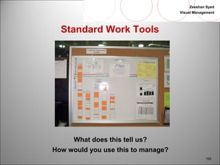 Zeeshan Syed 
Visual Management 
193 
Standard Work Tools 
What does this tell us? 
How would you use this to manage? 
 